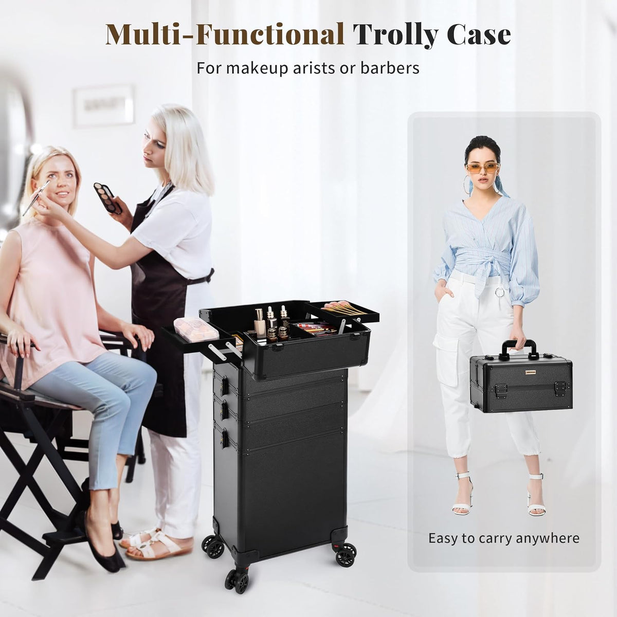 Profesional Rolling Makeup Train Case with Lid, 5 in 1 Cosmetology Case on Wheels, Large Cosmetic Trolley Organizer Travel for Hairstylist Artist Nail Beauty Salon Barber, Black Ink