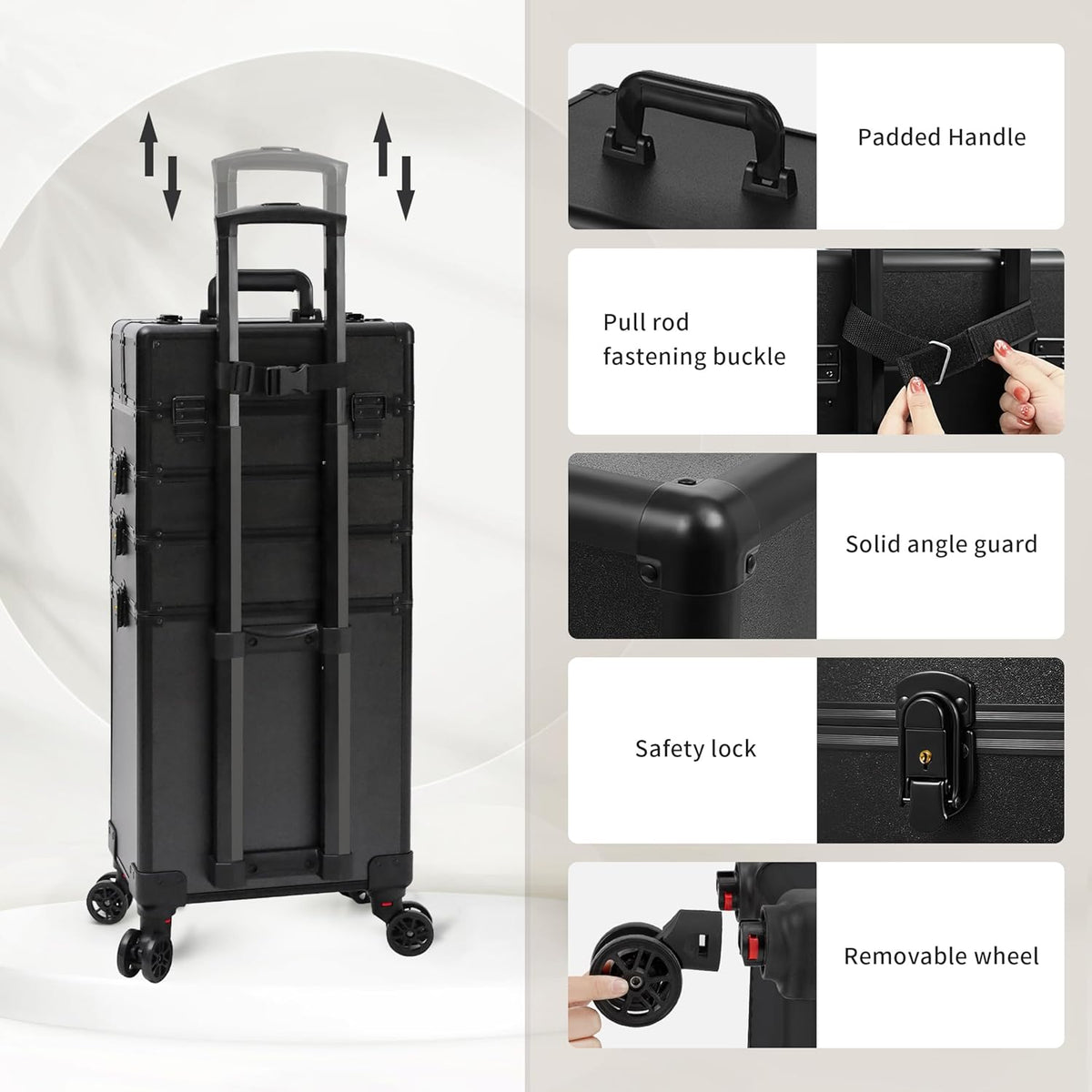 Profesional Rolling Makeup Train Case with Lid, 5 in 1 Cosmetology Case on Wheels, Large Cosmetic Trolley Organizer Travel for Hairstylist Artist Nail Beauty Salon Barber, Black Ink