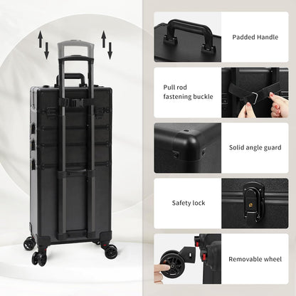 Profesional Rolling Makeup Train Case with Lid, 5 in 1 Cosmetology Case on Wheels, Large Cosmetic Trolley Organizer Travel for Hairstylist Artist Nail Beauty Salon Barber, Black Ink