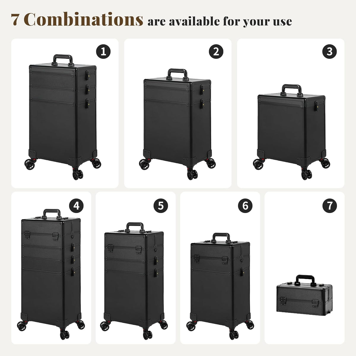 Profesional Rolling Makeup Train Case with Lid, 5 in 1 Cosmetology Case on Wheels, Large Cosmetic Trolley Organizer Travel for Hairstylist Artist Nail Beauty Salon Barber, Black Ink