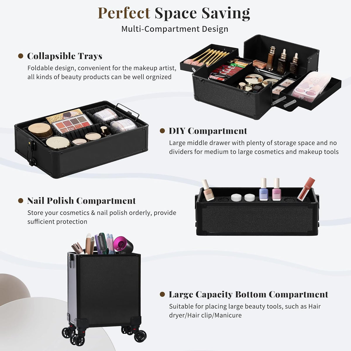 Profesional Rolling Makeup Train Case with Lid, 5 in 1 Cosmetology Case on Wheels, Large Cosmetic Trolley Organizer Travel for Hairstylist Artist Nail Beauty Salon Barber, Black Ink