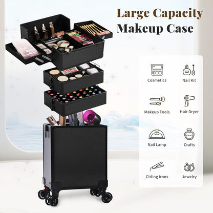Profesional Rolling Makeup Train Case with Lid, 5 in 1 Cosmetology Case on Wheels, Large Cosmetic Trolley Organizer Travel for Hairstylist Artist Nail Beauty Salon Barber, Black Ink