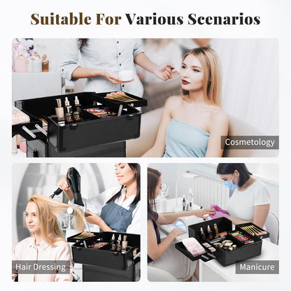 Profesional Rolling Makeup Train Case with Lid, 5 in 1 Cosmetology Case on Wheels, Large Cosmetic Trolley Organizer Travel for Hairstylist Artist Nail Beauty Salon Barber, Black Ink
