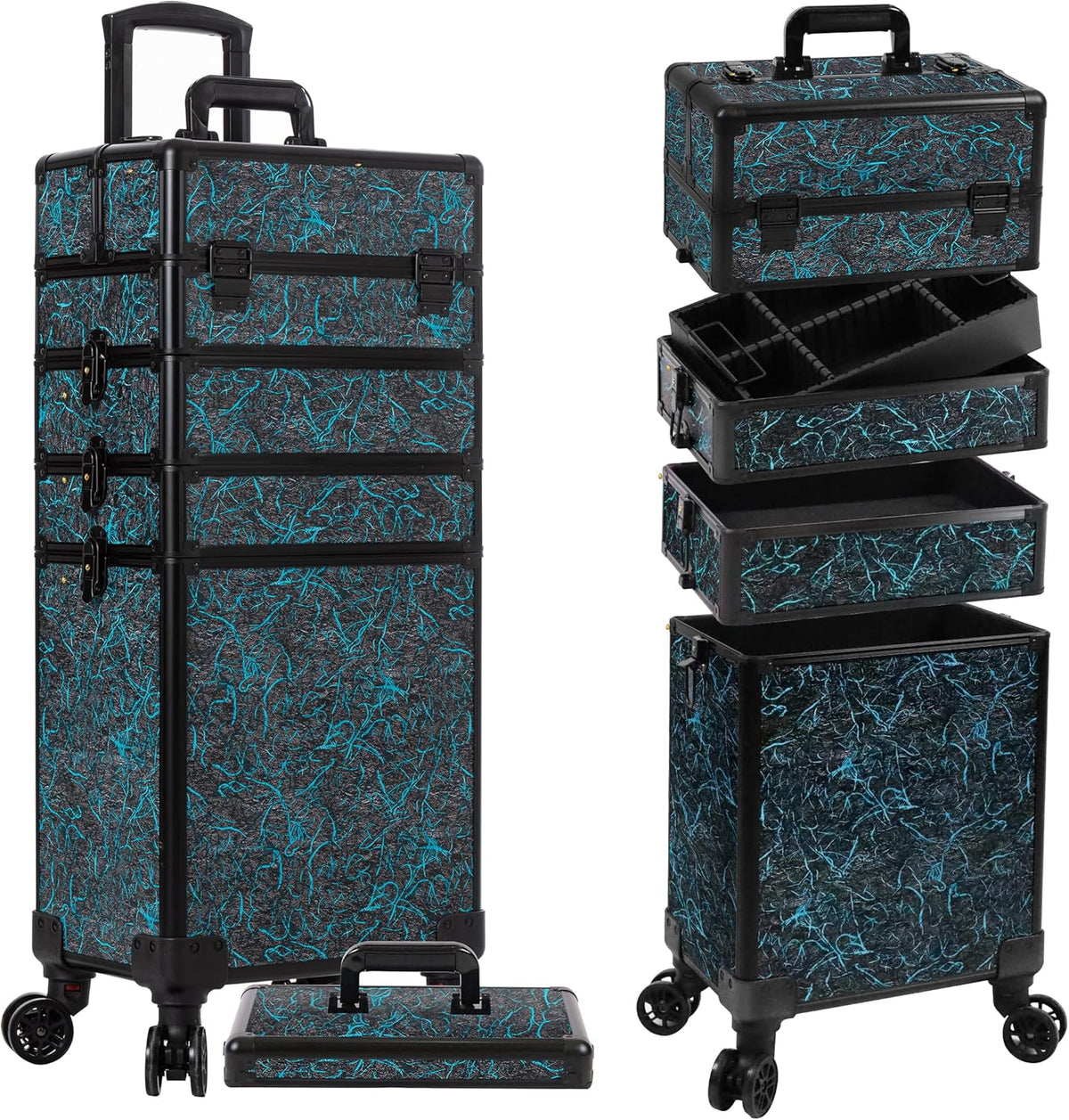 Profesional Rolling Makeup Train Case with Lid, 5 in 1 Cosmetology Case on Wheels, Large Cosmetic Trolley Organizer Travel for Hairstylist Artist Nail Beauty Salon Barber, Black Ink