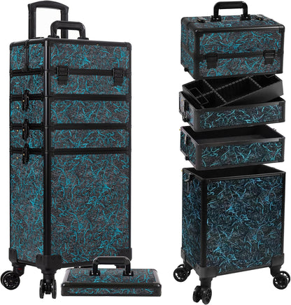 Profesional Rolling Makeup Train Case with Lid, 5 in 1 Cosmetology Case on Wheels, Large Cosmetic Trolley Organizer Travel for Hairstylist Artist Nail Beauty Salon Barber, Black Ink