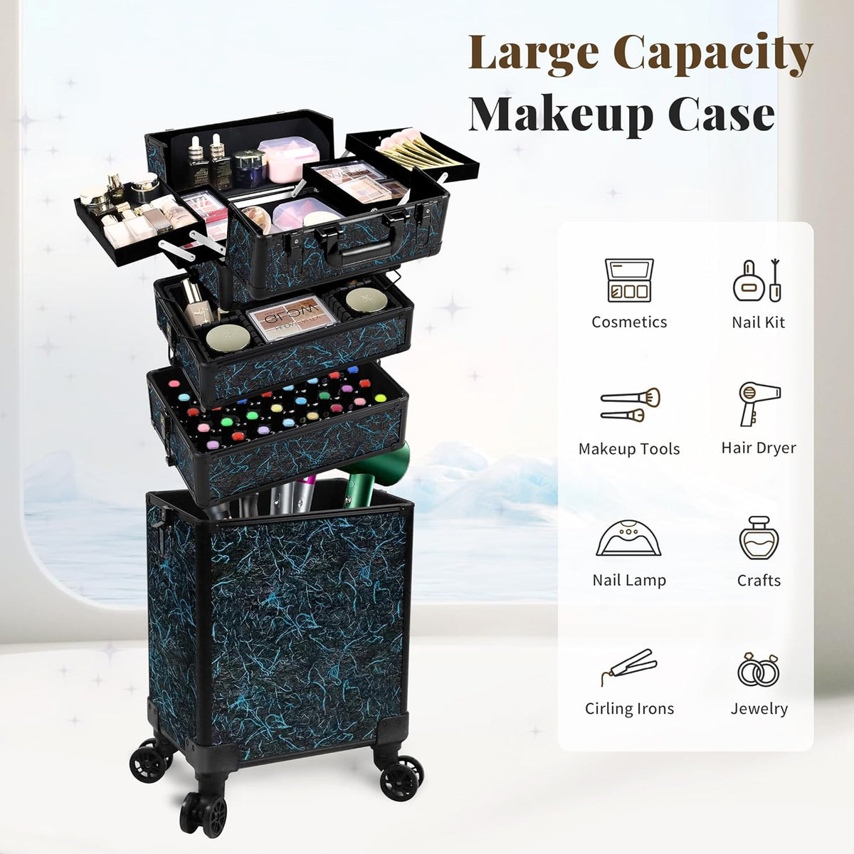 Profesional Rolling Makeup Train Case with Lid, 5 in 1 Cosmetology Case on Wheels, Large Cosmetic Trolley Organizer Travel for Hairstylist Artist Nail Beauty Salon Barber, Black Ink