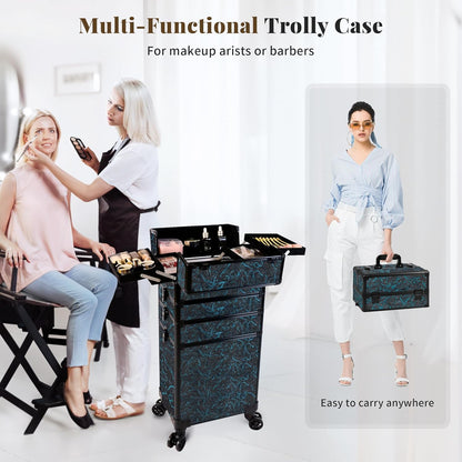 Profesional Rolling Makeup Train Case with Lid, 5 in 1 Cosmetology Case on Wheels, Large Cosmetic Trolley Organizer Travel for Hairstylist Artist Nail Beauty Salon Barber, Black Ink