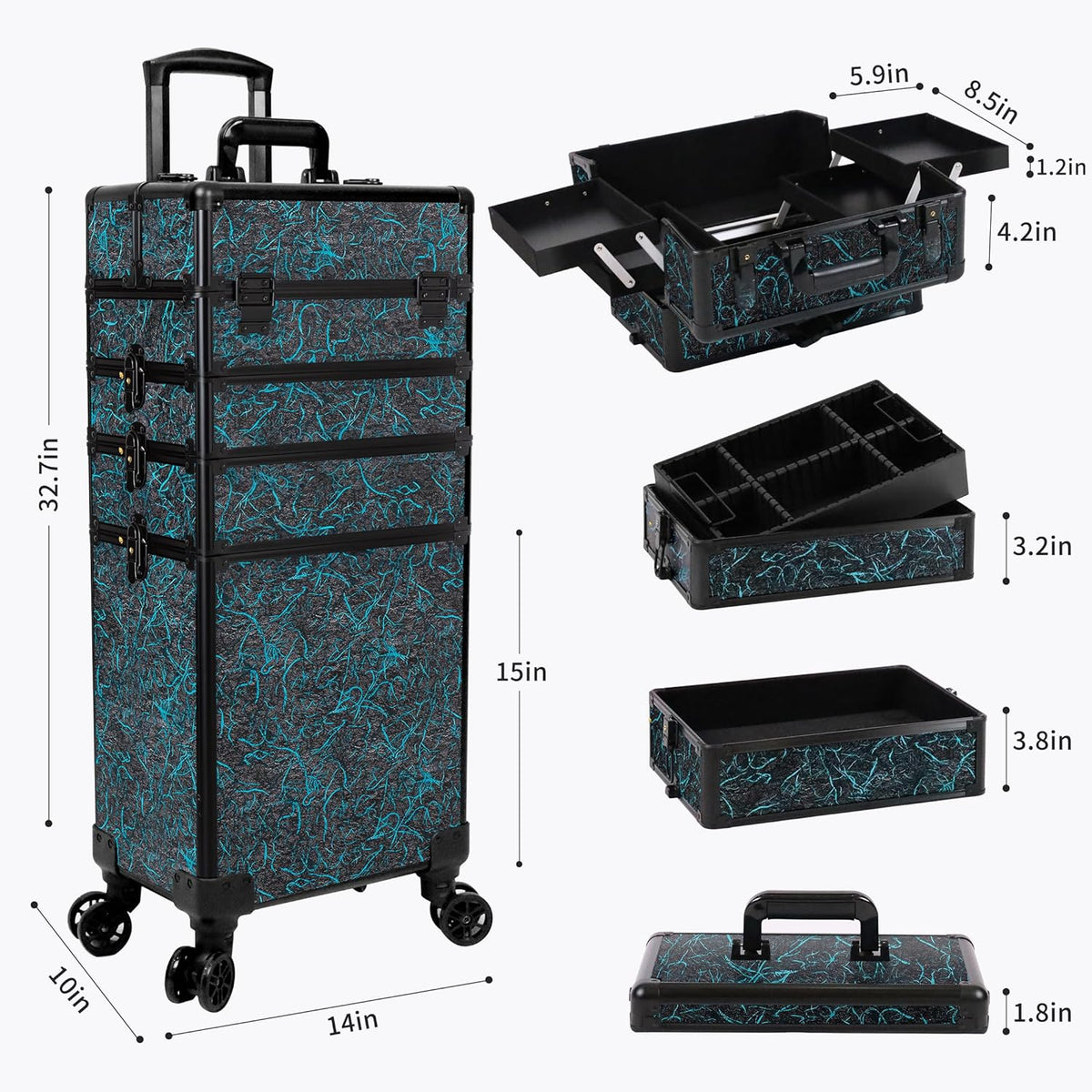 Profesional Rolling Makeup Train Case with Lid, 5 in 1 Cosmetology Case on Wheels, Large Cosmetic Trolley Organizer Travel for Hairstylist Artist Nail Beauty Salon Barber, Black Ink