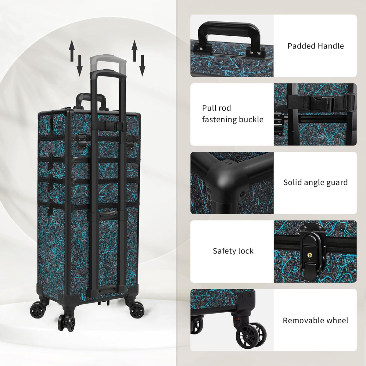 Profesional Rolling Makeup Train Case with Lid, 5 in 1 Cosmetology Case on Wheels, Large Cosmetic Trolley Organizer Travel for Hairstylist Artist Nail Beauty Salon Barber, Black Ink