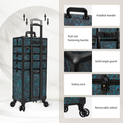 Profesional Rolling Makeup Train Case with Lid, 5 in 1 Cosmetology Case on Wheels, Large Cosmetic Trolley Organizer Travel for Hairstylist Artist Nail Beauty Salon Barber, Black Ink