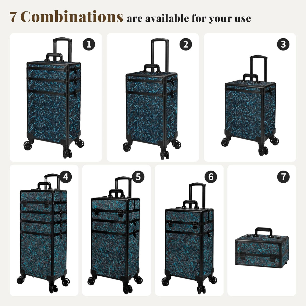 Profesional Rolling Makeup Train Case with Lid, 5 in 1 Cosmetology Case on Wheels, Large Cosmetic Trolley Organizer Travel for Hairstylist Artist Nail Beauty Salon Barber, Black Ink