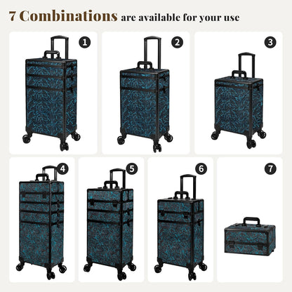 Profesional Rolling Makeup Train Case with Lid, 5 in 1 Cosmetology Case on Wheels, Large Cosmetic Trolley Organizer Travel for Hairstylist Artist Nail Beauty Salon Barber, Black Ink