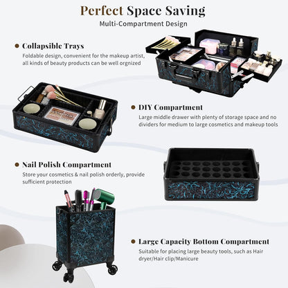 Profesional Rolling Makeup Train Case with Lid, 5 in 1 Cosmetology Case on Wheels, Large Cosmetic Trolley Organizer Travel for Hairstylist Artist Nail Beauty Salon Barber, Black Ink