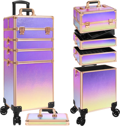 Profesional Rolling Makeup Train Case with Lid, 5 in 1 Cosmetology Case on Wheels, Large Cosmetic Trolley Organizer Travel for Hairstylist Artist Nail Beauty Salon Barber, Black Ink