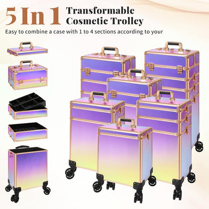 Profesional Rolling Makeup Train Case with Lid, 5 in 1 Cosmetology Case on Wheels, Large Cosmetic Trolley Organizer Travel for Hairstylist Artist Nail Beauty Salon Barber, Black Ink