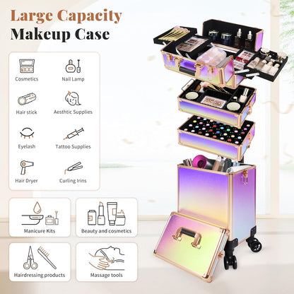 Profesional Rolling Makeup Train Case with Lid, 5 in 1 Cosmetology Case on Wheels, Large Cosmetic Trolley Organizer Travel for Hairstylist Artist Nail Beauty Salon Barber, Black Ink