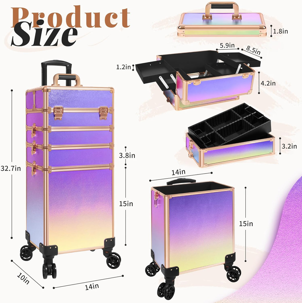 Profesional Rolling Makeup Train Case with Lid, 5 in 1 Cosmetology Case on Wheels, Large Cosmetic Trolley Organizer Travel for Hairstylist Artist Nail Beauty Salon Barber, Black Ink