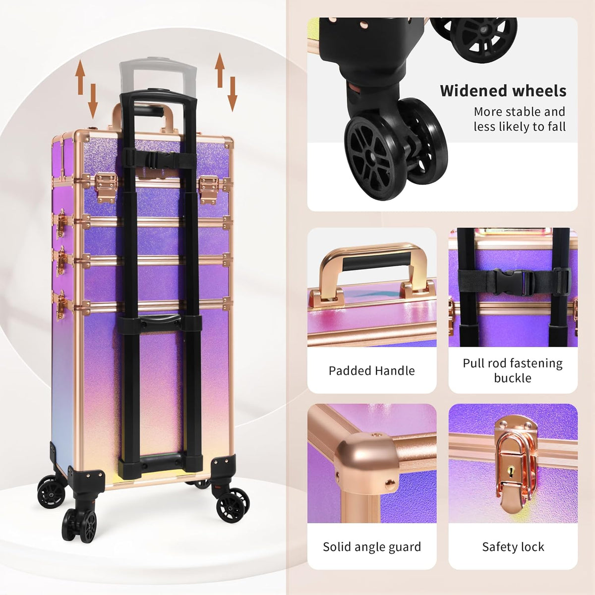 Profesional Rolling Makeup Train Case with Lid, 5 in 1 Cosmetology Case on Wheels, Large Cosmetic Trolley Organizer Travel for Hairstylist Artist Nail Beauty Salon Barber, Black Ink
