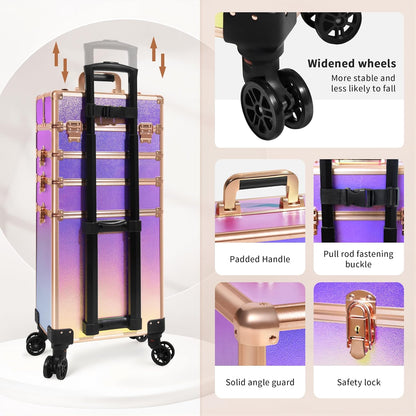 Profesional Rolling Makeup Train Case with Lid, 5 in 1 Cosmetology Case on Wheels, Large Cosmetic Trolley Organizer Travel for Hairstylist Artist Nail Beauty Salon Barber, Black Ink