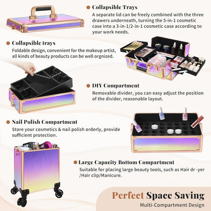 Profesional Rolling Makeup Train Case with Lid, 5 in 1 Cosmetology Case on Wheels, Large Cosmetic Trolley Organizer Travel for Hairstylist Artist Nail Beauty Salon Barber, Black Ink