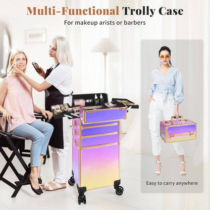 Profesional Rolling Makeup Train Case with Lid, 5 in 1 Cosmetology Case on Wheels, Large Cosmetic Trolley Organizer Travel for Hairstylist Artist Nail Beauty Salon Barber, Black Ink