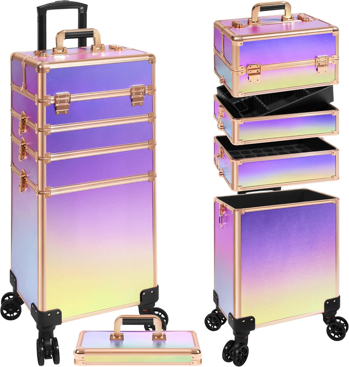 Profesional Rolling Makeup Train Case with Lid, 5 in 1 Cosmetology Case on Wheels, Large Cosmetic Trolley Organizer Travel for Hairstylist Artist Nail Beauty Salon Barber, Black Ink