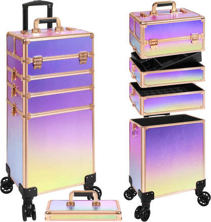 Profesional Rolling Makeup Train Case with Lid, 5 in 1 Cosmetology Case on Wheels, Large Cosmetic Trolley Organizer Travel for Hairstylist Artist Nail Beauty Salon Barber, Black Ink