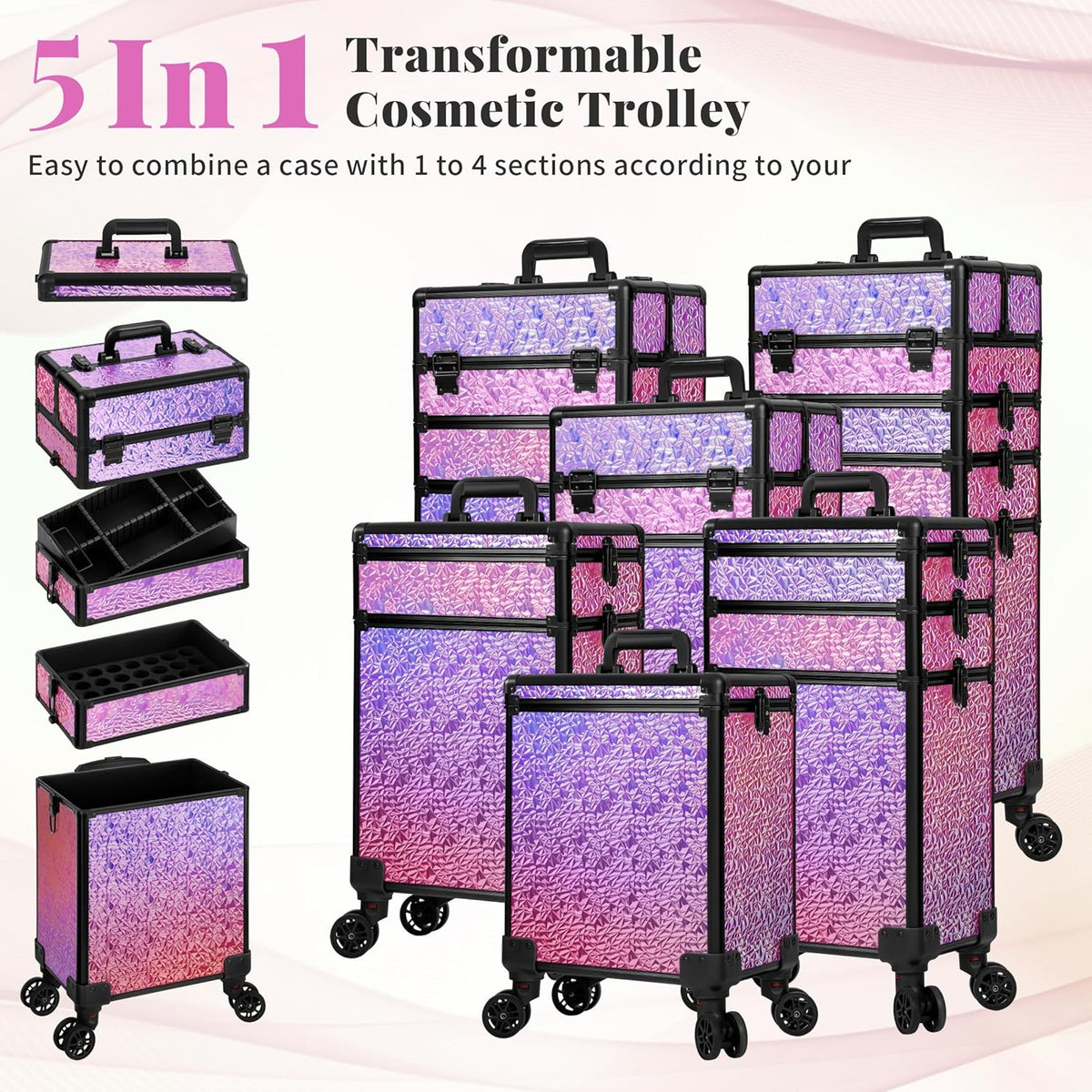 Profesional Rolling Makeup Train Case with Lid, 5 in 1 Cosmetology Case on Wheels, Large Cosmetic Trolley Organizer Travel for Hairstylist Artist Nail Beauty Salon Barber, Black Ink