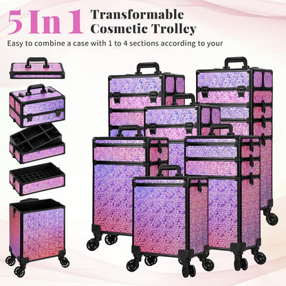 Profesional Rolling Makeup Train Case with Lid, 5 in 1 Cosmetology Case on Wheels, Large Cosmetic Trolley Organizer Travel for Hairstylist Artist Nail Beauty Salon Barber, Black Ink
