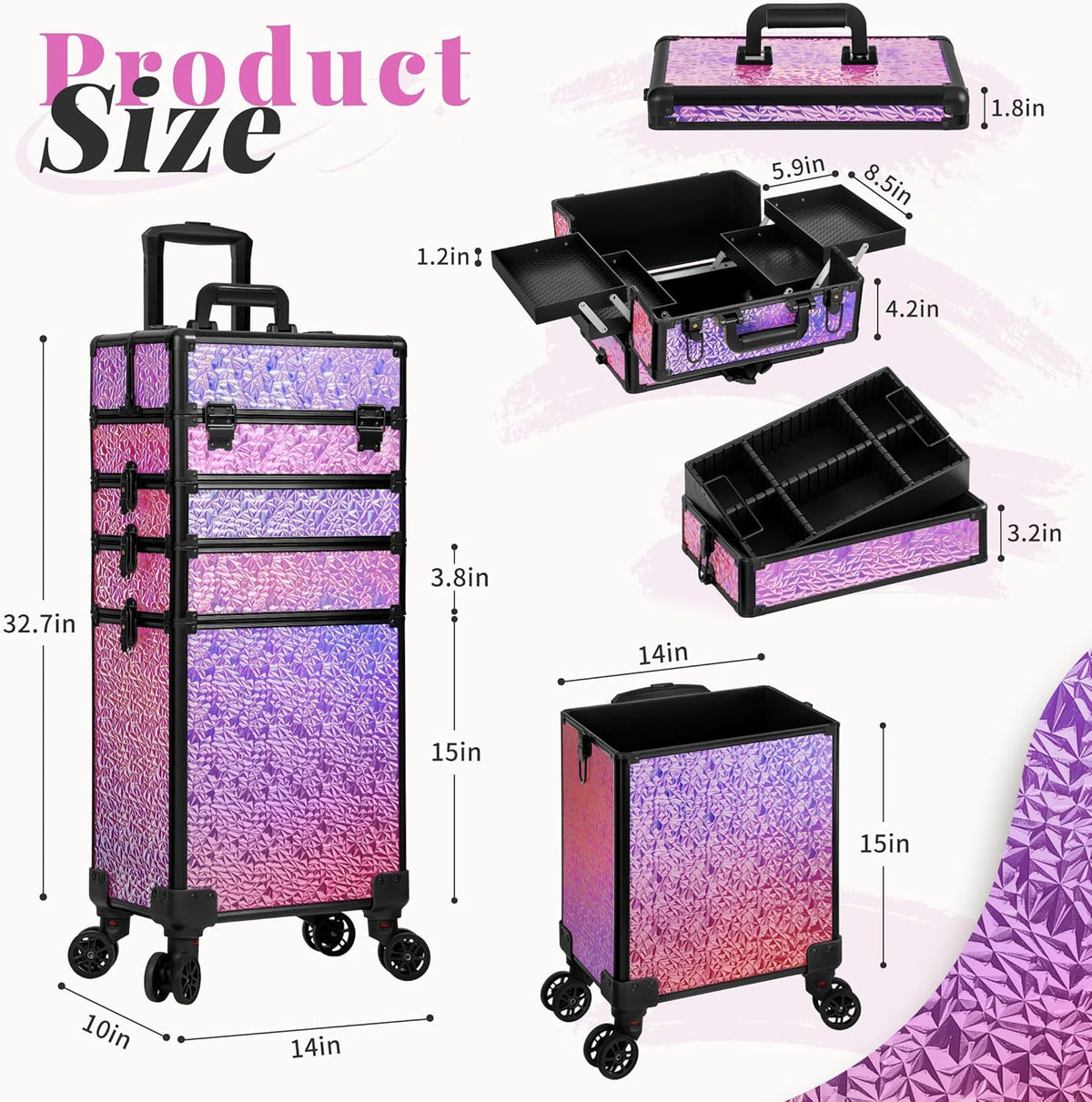 Profesional Rolling Makeup Train Case with Lid, 5 in 1 Cosmetology Case on Wheels, Large Cosmetic Trolley Organizer Travel for Hairstylist Artist Nail Beauty Salon Barber, Black Ink