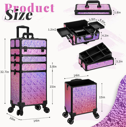 Profesional Rolling Makeup Train Case with Lid, 5 in 1 Cosmetology Case on Wheels, Large Cosmetic Trolley Organizer Travel for Hairstylist Artist Nail Beauty Salon Barber, Black Ink