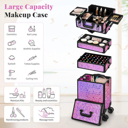 Profesional Rolling Makeup Train Case with Lid, 5 in 1 Cosmetology Case on Wheels, Large Cosmetic Trolley Organizer Travel for Hairstylist Artist Nail Beauty Salon Barber, Black Ink