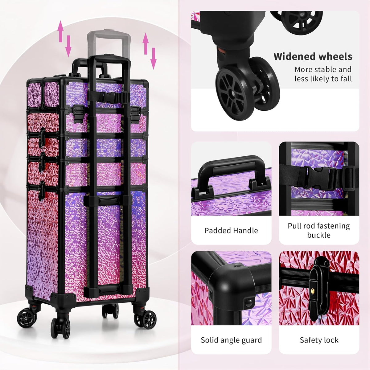 Profesional Rolling Makeup Train Case with Lid, 5 in 1 Cosmetology Case on Wheels, Large Cosmetic Trolley Organizer Travel for Hairstylist Artist Nail Beauty Salon Barber, Black Ink