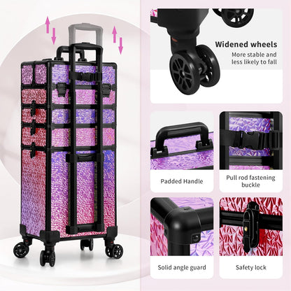 Profesional Rolling Makeup Train Case with Lid, 5 in 1 Cosmetology Case on Wheels, Large Cosmetic Trolley Organizer Travel for Hairstylist Artist Nail Beauty Salon Barber, Black Ink
