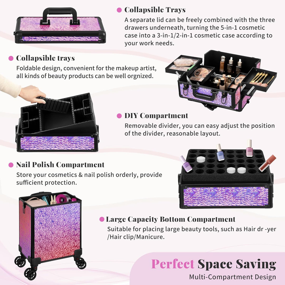 Profesional Rolling Makeup Train Case with Lid, 5 in 1 Cosmetology Case on Wheels, Large Cosmetic Trolley Organizer Travel for Hairstylist Artist Nail Beauty Salon Barber, Black Ink