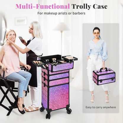Profesional Rolling Makeup Train Case with Lid, 5 in 1 Cosmetology Case on Wheels, Large Cosmetic Trolley Organizer Travel for Hairstylist Artist Nail Beauty Salon Barber, Black Ink