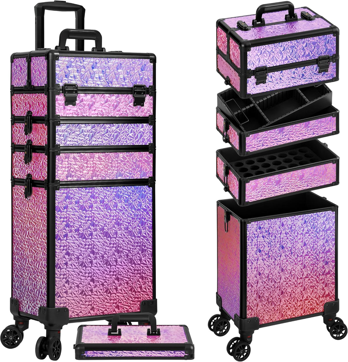 Profesional Rolling Makeup Train Case with Lid, 5 in 1 Cosmetology Case on Wheels, Large Cosmetic Trolley Organizer Travel for Hairstylist Artist Nail Beauty Salon Barber, Black Ink