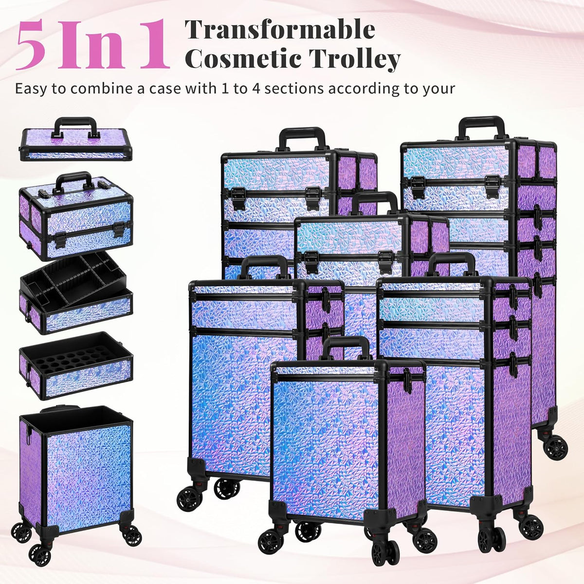 Profesional Rolling Makeup Train Case with Lid, 5 in 1 Cosmetology Case on Wheels, Large Cosmetic Trolley Organizer Travel for Hairstylist Artist Nail Beauty Salon Barber, Black Ink