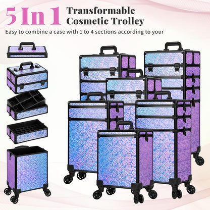 Profesional Rolling Makeup Train Case with Lid, 5 in 1 Cosmetology Case on Wheels, Large Cosmetic Trolley Organizer Travel for Hairstylist Artist Nail Beauty Salon Barber, Black Ink