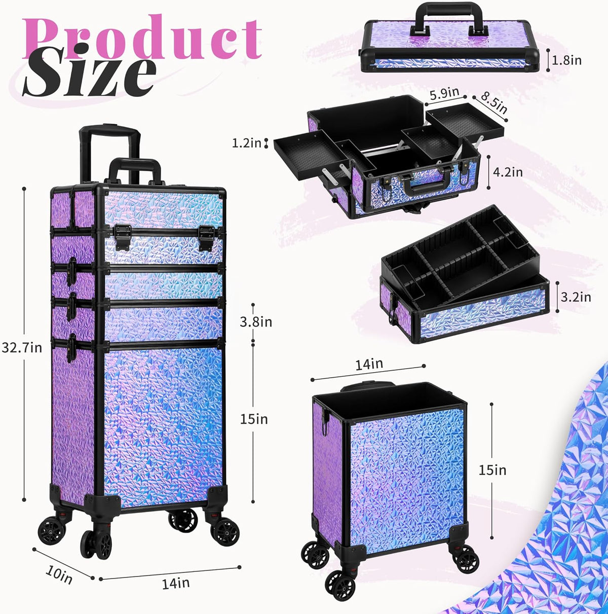 Profesional Rolling Makeup Train Case with Lid, 5 in 1 Cosmetology Case on Wheels, Large Cosmetic Trolley Organizer Travel for Hairstylist Artist Nail Beauty Salon Barber, Black Ink