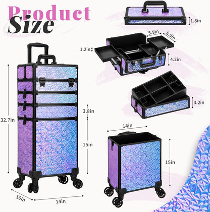Profesional Rolling Makeup Train Case with Lid, 5 in 1 Cosmetology Case on Wheels, Large Cosmetic Trolley Organizer Travel for Hairstylist Artist Nail Beauty Salon Barber, Black Ink
