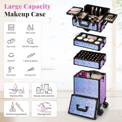 Profesional Rolling Makeup Train Case with Lid, 5 in 1 Cosmetology Case on Wheels, Large Cosmetic Trolley Organizer Travel for Hairstylist Artist Nail Beauty Salon Barber, Black Ink