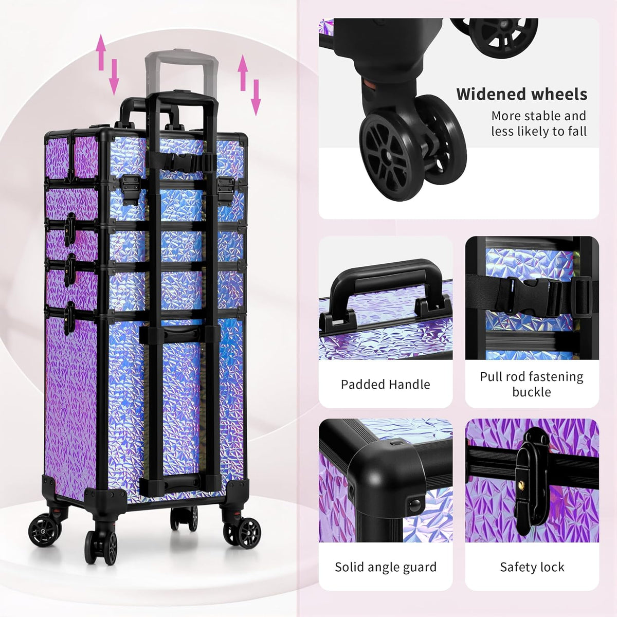 Profesional Rolling Makeup Train Case with Lid, 5 in 1 Cosmetology Case on Wheels, Large Cosmetic Trolley Organizer Travel for Hairstylist Artist Nail Beauty Salon Barber, Black Ink