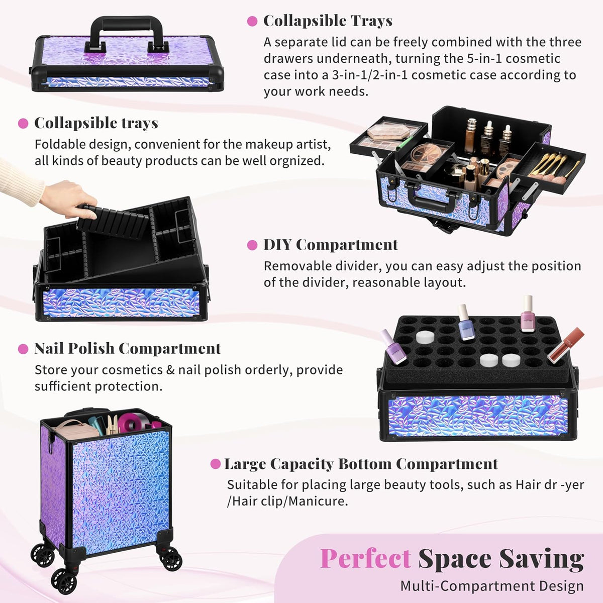Profesional Rolling Makeup Train Case with Lid, 5 in 1 Cosmetology Case on Wheels, Large Cosmetic Trolley Organizer Travel for Hairstylist Artist Nail Beauty Salon Barber, Black Ink