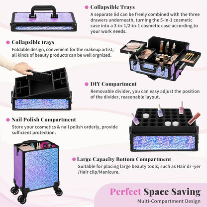 Profesional Rolling Makeup Train Case with Lid, 5 in 1 Cosmetology Case on Wheels, Large Cosmetic Trolley Organizer Travel for Hairstylist Artist Nail Beauty Salon Barber, Black Ink