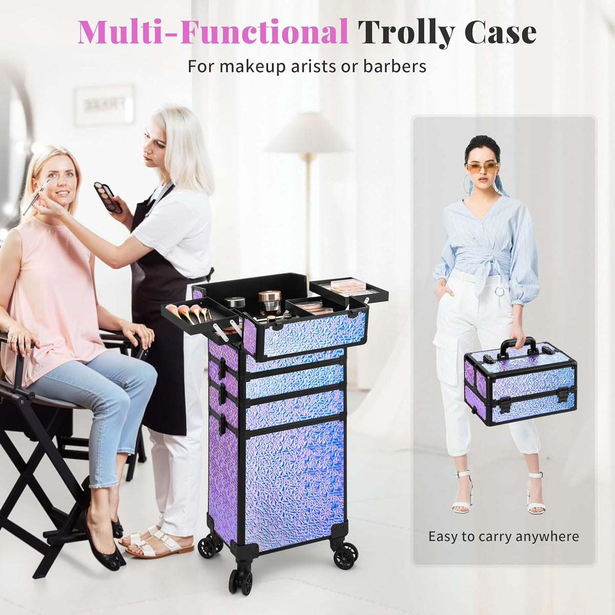 Profesional Rolling Makeup Train Case with Lid, 5 in 1 Cosmetology Case on Wheels, Large Cosmetic Trolley Organizer Travel for Hairstylist Artist Nail Beauty Salon Barber, Black Ink