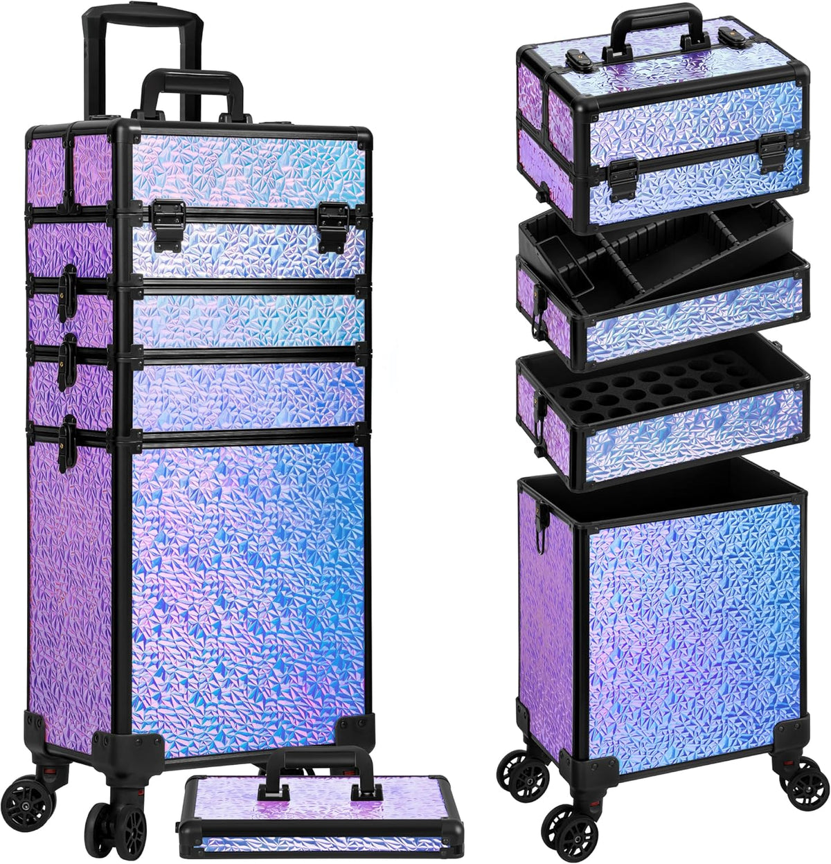Profesional Rolling Makeup Train Case with Lid, 5 in 1 Cosmetology Case on Wheels, Large Cosmetic Trolley Organizer Travel for Hairstylist Artist Nail Beauty Salon Barber, Black Ink