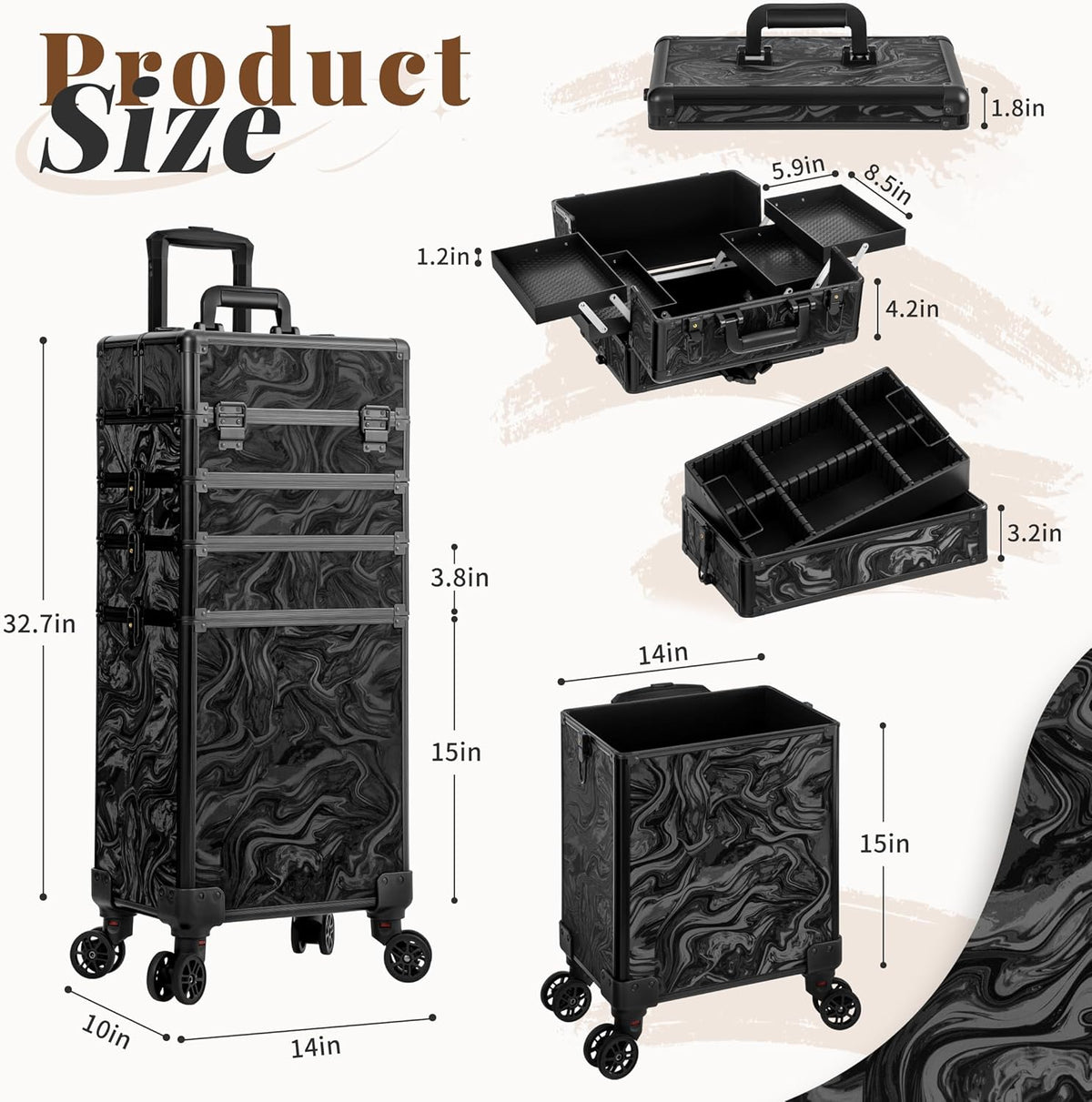 Profesional Rolling Makeup Train Case with Lid, 5 in 1 Cosmetology Case on Wheels, Large Cosmetic Trolley Organizer Travel for Hairstylist Artist Nail Beauty Salon Barber, Black Ink
