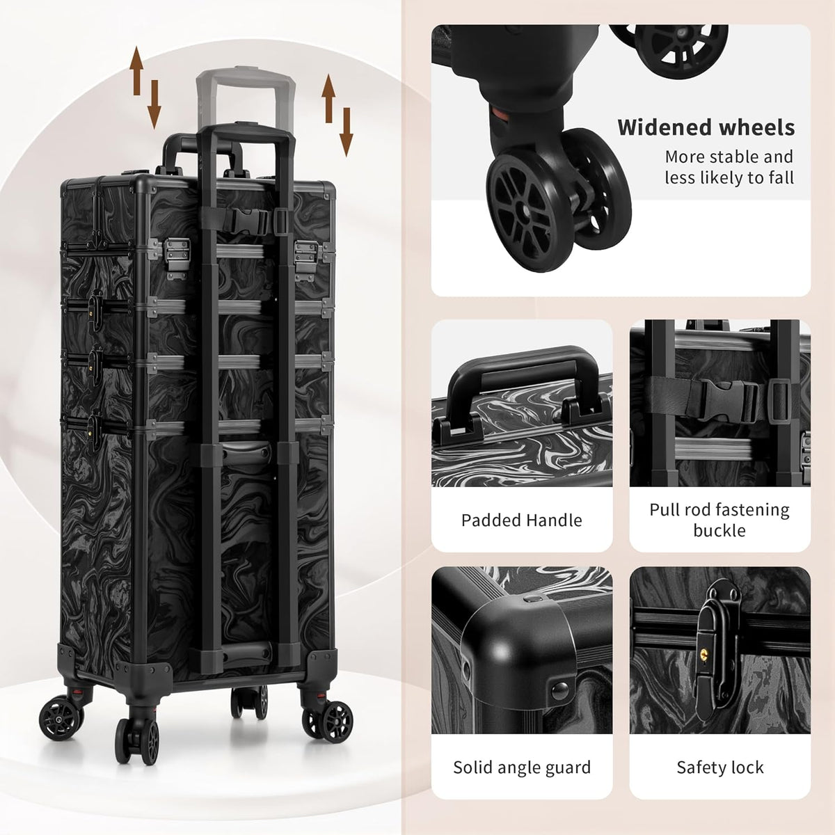 Profesional Rolling Makeup Train Case with Lid, 5 in 1 Cosmetology Case on Wheels, Large Cosmetic Trolley Organizer Travel for Hairstylist Artist Nail Beauty Salon Barber, Black Ink