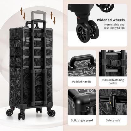 Profesional Rolling Makeup Train Case with Lid, 5 in 1 Cosmetology Case on Wheels, Large Cosmetic Trolley Organizer Travel for Hairstylist Artist Nail Beauty Salon Barber, Black Ink